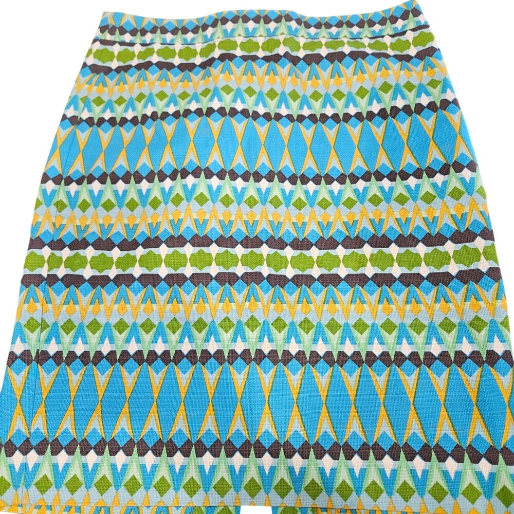 J Crew The Pencil Skirt 4 Geometric Basketweave Cotton Blue Green
